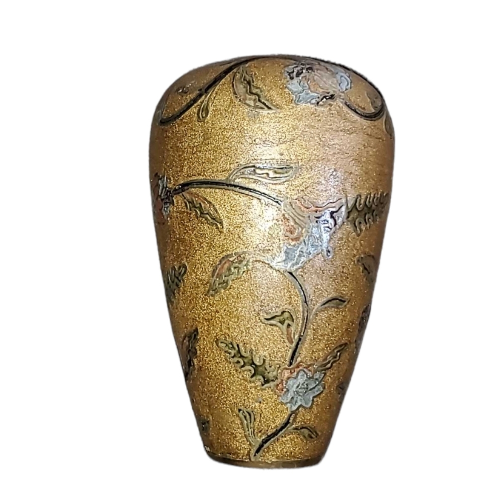 Early Century French Art Brass Vase Flower Pot Raised Design Blue Green Gold - Picture 2 of 10
